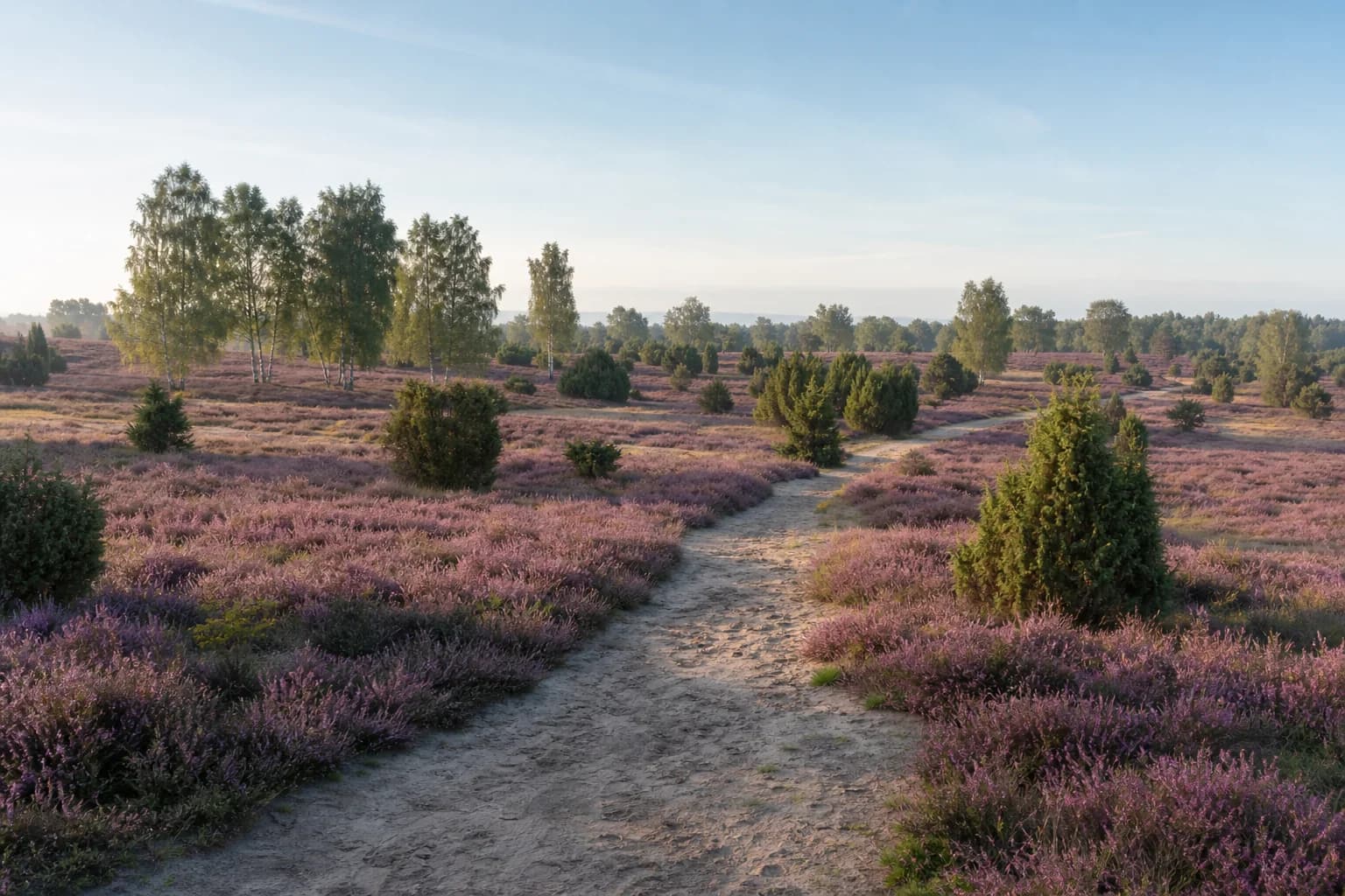 Blooming heathland with a sandy walking trail